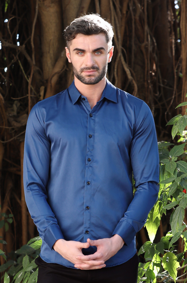 KLEREN Blue Satin Shirt for Men | Slim Fit