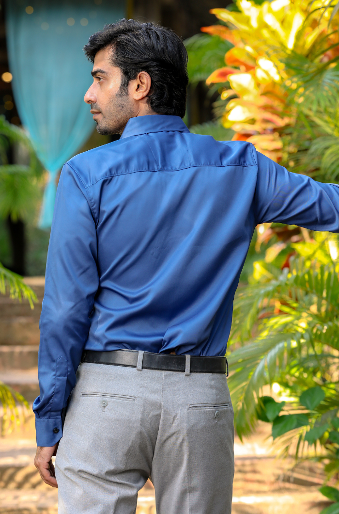 KLEREN Blue Satin Shirt for Men | Slim Fit